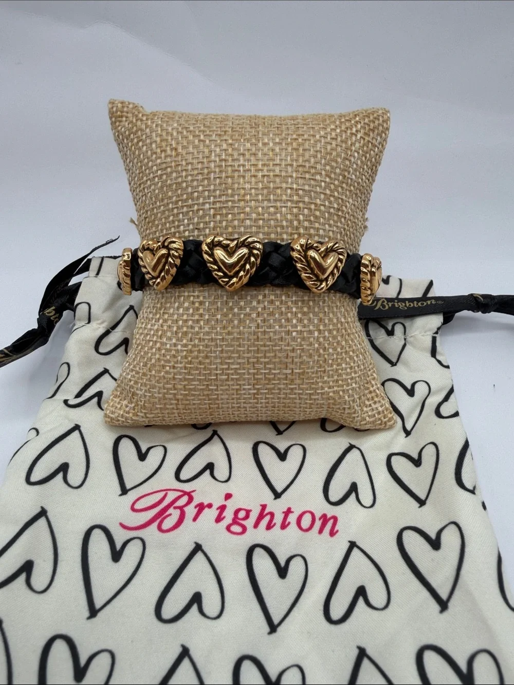 Brighton Bandit Black Braided Leather Bracelet with Gold Heart Charms